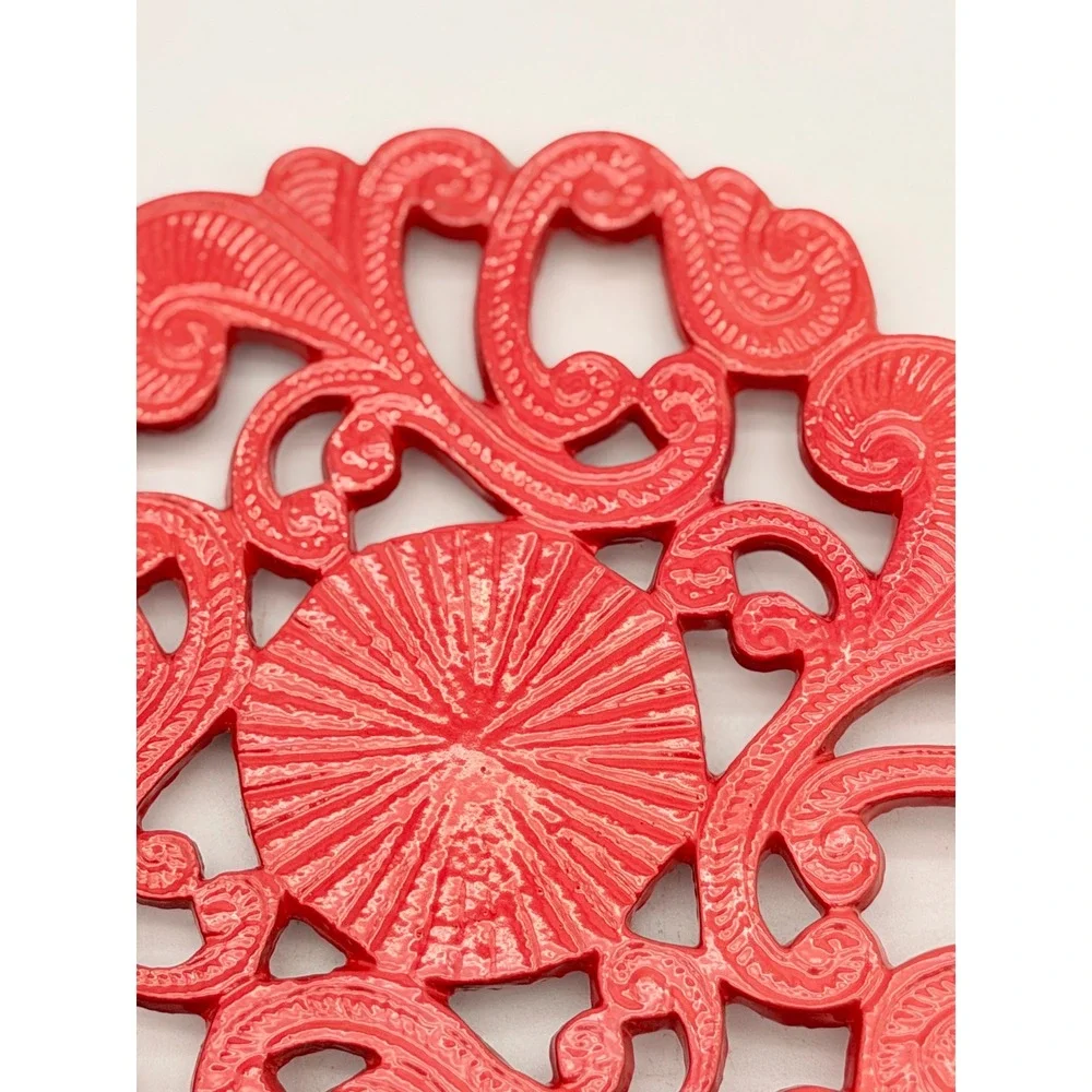 Vintage Red Cast Iron Trivet Round Enamel Filigree Scrollwork 8 Inch Hot Pad